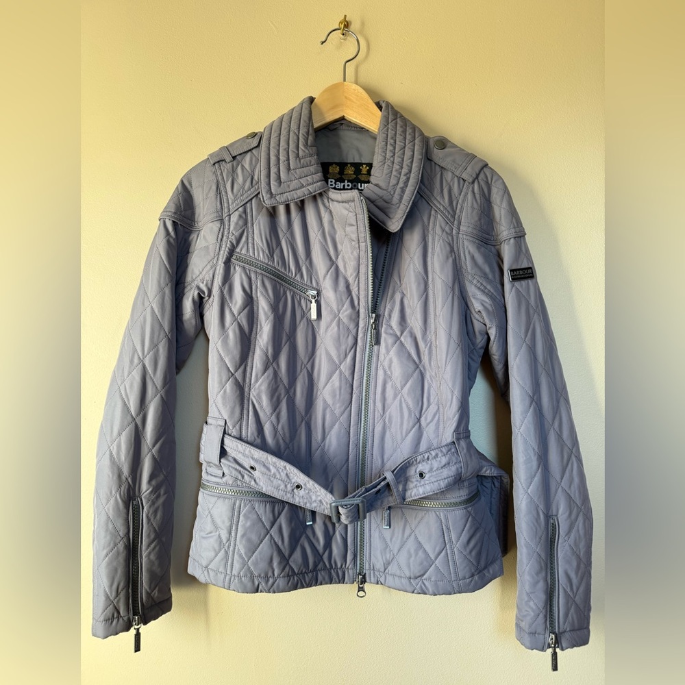 Barbour International Womens Quilted Jacket Venture Patrol Sz 4 Gray Lilac Moto